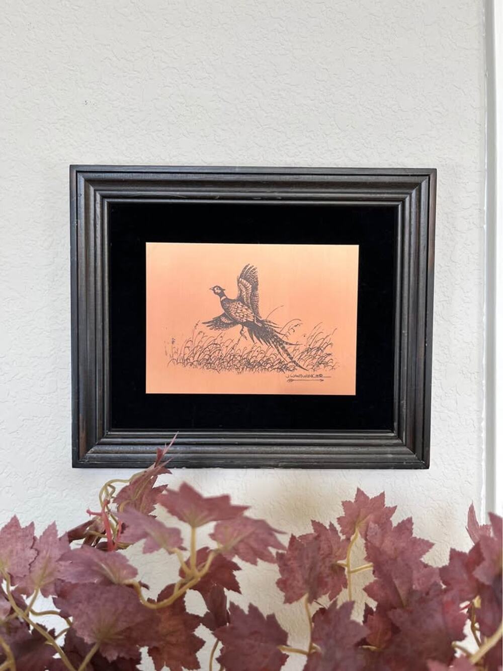Vintage Framed J. Wantulok Copper Pheasant Art